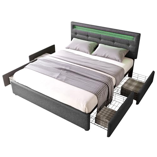 Massbinet Bettgestell mit LED-Beleuchtung und 4 Schubladen, Doppelbett Polsterbett 140x200cm, Höhenverstellbarem Kopfteil, Lattenrost aus Holz, Grau(Ohne Matratze) von Massbinet