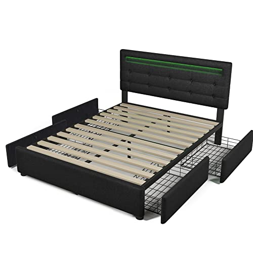 Massbinet Bettgestell mit LED-Beleuchtung und 4 Schubladen, Doppelbett Polsterbett 140x200cm, Höhenverstellbarem Kopfteil, Lattenrost aus Holz,Schwarz (Ohne Matratze) von Massbinet