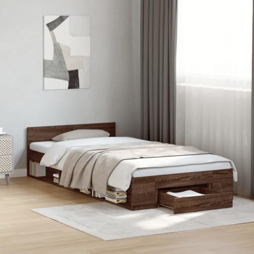 Massbinet Bettgestell mit Schublade Braun Eichen-Optik 100x200 cm Holz Bett Polsterbett mit Doppelbettgestell mit Stauraum Kopfteil Bettgestell mit Lattenrost ohne Matratze Massbinet Bettgestell mit Schublade Braun Eichen-Optik 100x200 cm Holz Bett Polsterbett mit Doppelbettgestell mit Stauraum Kopfteil Bettgestell mit Lattenrost ohne Matratze von Massbinet