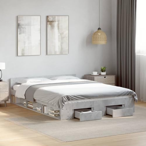 Massbinet Bettgestell mit Schubladen Betongrau 150x200 cm Holzwerkstoff Holz Schwebebett mit Kopfteil und Bett mit Stauraum Modern Doppelbett mit lattenrost von Massbinet