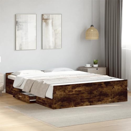 Massbinet Bettgestell mit Schubladen Räuchereiche 160x200cm Holzwerkstoff Bett mit Lattenrost aus Holz Bettgestell mit Jugendbett Doppelbett mit großen Schubladen von Massbinet