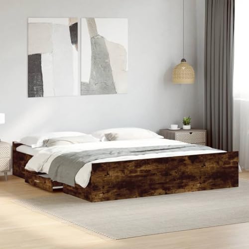 Massbinet Bettgestell mit Schubladen Räuchereiche 200x200cm Holzwerkstoff Holz Doppelbett mit Kopfteil Bett Bettrahmen Gepolstertes Bettgestell Jugendbett für Schlafzimmer Gästezimmer von Massbinet