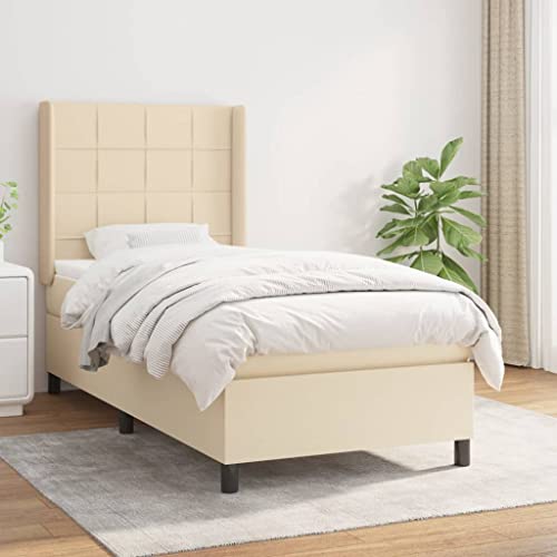 Massbinet Boxspringbett mit Matratze Modisch Polsterbett mit Matratzentopper Einzelbett Topper Federmatratze Bett für Schlafzimmer Creme 90x190 cm Stoff von Massbinet