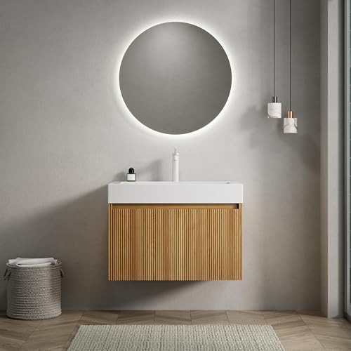 Massbinet Cele 70cm Wandmontie Badezimmer-Waschtisch mit weißem Rechteckigem Resin-Integralbecken, Gestreiftem Sperrholz Schrank mit eine Schublade, Vormontiert, Natürliche Holzmaserung Farbe von Massbinet