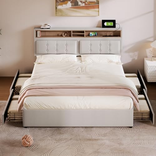 Massbinet Doppelbett mit 4 Schubladen& USB C Steckdose Polsterbett 140x200cm Höhenverstellbarem Kopfteil Lattenrost aus Holz(Ohne Matratze) Beige von Massbinet