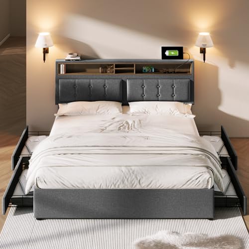 Massbinet Doppelbett mit 4 Schubladen& USB C Steckdose Polsterbett 160x200cm Höhenverstellbarem Kopfteil Lattenrost aus Holz(Ohne Matratze) Grey von Massbinet