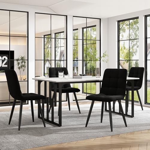 Massbinet Essgruppe (5-TLG) Esstisch mit 4 Stühlen Set 140×80cm Küchentisch mit Schwarz Metallbeinen Weißer MDF-Desktop Spleißen von Tischplatten Schwarz Samt Esszimmerstühle von Massbinet