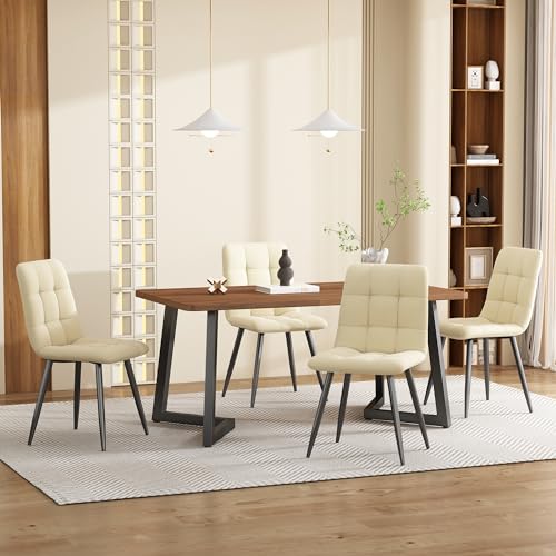 Massbinet Essgruppe (5-TLG) Esstisch mit 4 Stühlen Set Holzmaserung Küchentisch mit Schwarz Metallbeinen MDF Tischplatte in Walnussfarbe Beige Samt Esszimmerstühle von Massbinet