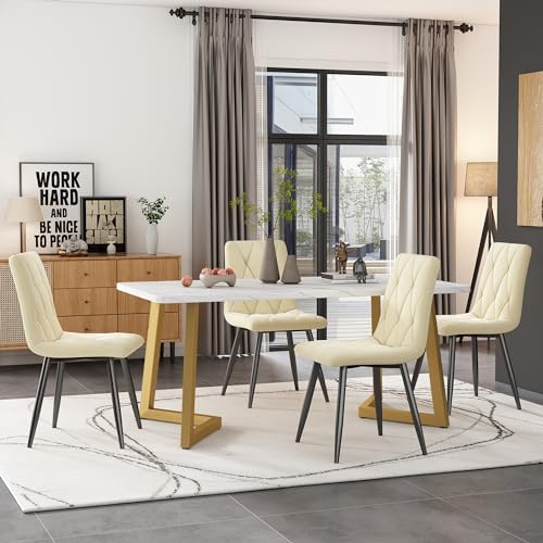 Massbinet Essgruppe (Set 117×68cm Esstisch mit 4 Stühlen) Rechteckiger Esstisch Moderner Küchentisch Set Esszimmerstuhl Beige Twill Samt Küchenstuhl Golden Tischbeine von Massbinet