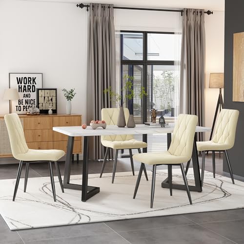 Massbinet Essgruppe (Set 117×68cm Esstisch mit 4 Stühlen) Rechteckiger Esstisch Moderner Küchentisch Set Esszimmerstuhl Beige Twill Samt Küchenstuhl Schwarze Tischbeine von Massbinet