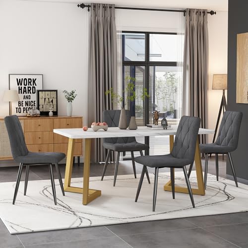 Massbinet Essgruppe (Set 117×68cm Esstisch mit 4 Stühlen) Rechteckiger Esstisch Moderner Küchentisch Set Esszimmerstuhl Dunkelgrau Twill Leinentuch Küchenstuhl Golden Tischbeine von Massbinet
