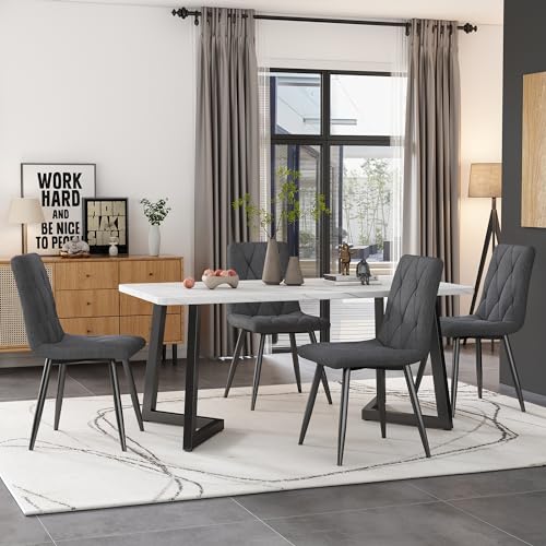 Massbinet Essgruppe (Set 117×68cm Esstisch mit 4 Stühlen) Rechteckiger Esstisch Moderner Küchentisch Set Esszimmerstuhl Dunkelgrau Twill Leinentuch Küchenstuhl Schwarze Tischbeine von Massbinet