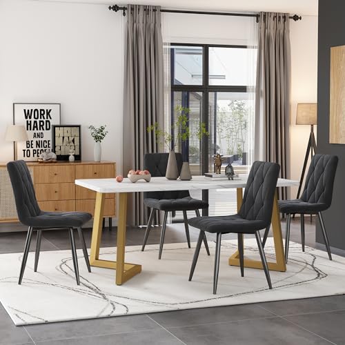 Massbinet Essgruppe (Set 117×68cm Esstisch mit 4 Stühlen) Rechteckiger Esstisch Moderner Küchentisch Set Esszimmerstuhl Dunkelgrau Twill Samt Küchenstuhl Golden Tischbeine von Massbinet