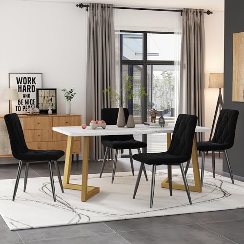 Massbinet Essgruppe (Set 117×68cm Esstisch mit 4 Stühlen) Rechteckiger Esstisch Moderner Küchentisch Set Esszimmerstuhl Schwarz Twill Samt Küchenstuhl Golden Tischbeine von Massbinet