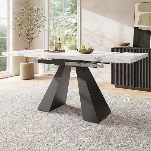 Massbinet Esstisch Teleskoptisch(99-159×74cm) Ausziehbarer Esstisch platzsparender Küchentisch Breite Arbeitsfläche Flexibles Design für Homeoffice und Wohnzimmer Weißer Tischplatte mit Säulenbeinen von Massbinet