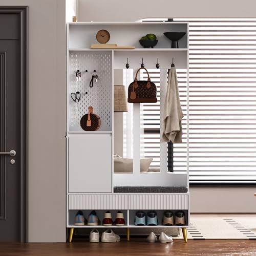 Massbinet Garderoben-Set Wandgarderobe Flurgarderobe Set mit Schuhbank Garderoben Set mit 4 Kleiderhaken Zwei Schubladen und 1 Türen Weiß 100 Lx35Bx180H cm von Massbinet