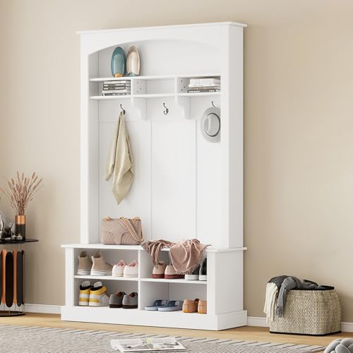 Massbinet Garderoben-Set mit Bank und Schuhablage multifunktionale Aufbewahrungsbank mit 3 hängenden Haken & offenem Garderobe für Flur Weiß H190/B120/T40 cm Massbinet Garderoben-Set mit Bank und Schuhablage multifunktionale Aufbewahrungsbank mit 3 hängenden Haken & offenem Garderobe für Flur Weiß H190/B120/T40 cm von Massbinet