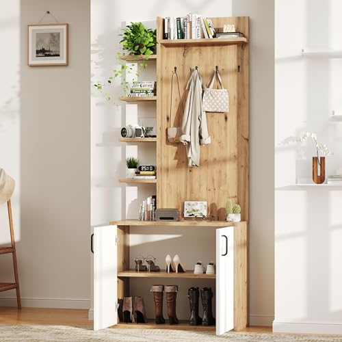 Massbinet Garderobenständer mit Garderobe Schuhaufbewahrung Flurausstattung mit Kleiderhaken Flurschrank mit 5-lagiger Stauraumeinteilung und Stauraumschränken 75*33*180cm Original Holzfarbe + weißes von Massbinet