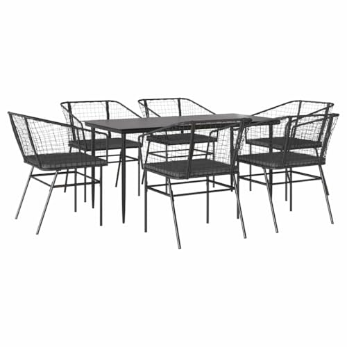Massbinet Garten Esszimmerset Outdoor Essgruppe Essgarnitur Terrasse mit 6 x Gartenstuhl und 160 x 80 x 74 cm Gartentisch Schwarz Poly Rattan Glas 334458 von Massbinet