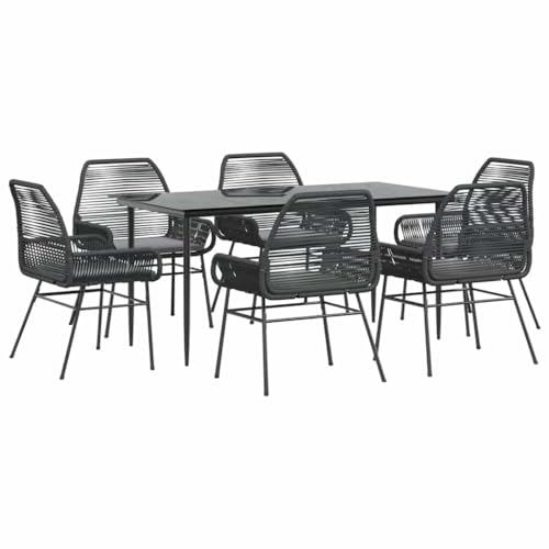 Massbinet Garten Esszimmerset Outdoor Essgruppe Essgarnitur Terrasse mit 6 x Gartenstuhl und 160 x 80 x 74 cm Gartentisch Schwarz Poly Rattan Glas 334464 von Massbinet
