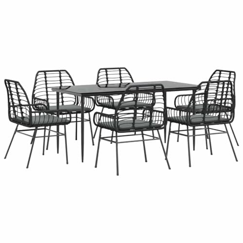 Massbinet Garten Esszimmerset Outdoor Essgruppe Terrasse mit 6 x Gartenstuhl und 160 x 80 x 74 cm Gartentisch Schwarz Poly Rattan Glas 334436 von Massbinet