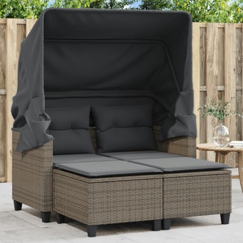 Massbinet Gartensofa 2 Sitzer mit Dach und Hockern Sonnenliege Gartenliege Lounge Gartenbank Gartenbett Grau Poly Rattan von Massbinet