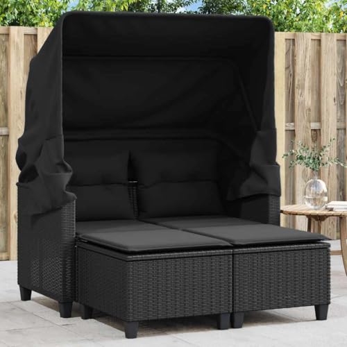 Massbinet Gartensofa 2 Sitzer mit Dach und Hockern Sonnenliege Gartenliege Lounge Gartenbank Gartenbett Schwarz Poly Rattan von Massbinet
