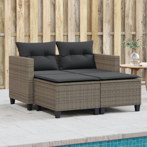 Massbinet Gartensofa 2 Sitzer mit Hockern Sonnenliege Gartenliege Lounge Gartenbank Gartenbett Grau Poly Rattan von Massbinet