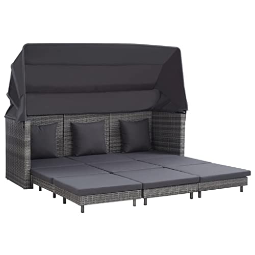 Massbinet Gartensofa Ausziehbares 3 Sitzer Schlafsofa mit Dach Poly Rattan Grau von Massbinet