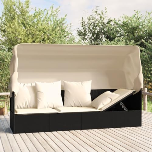 Massbinet Gartensofa Outdoor Loungebett Beide Seiten Lassensich Nach Oben und Unter Verstellen mit Faltbares Dach Poly Rattan Schwarz und Creme von Massbinet