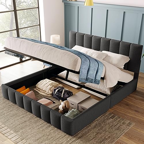 Massbinet Hydraulisch Doppelbett Polsterbett 140x200cm,Verstellbares Kopfteil, Bett mit Lattenrost aus Metallrahmen, Bettgestell mit Stauraum, Großer Stauraum, Grau(Ohne Matratze) von Massbinet