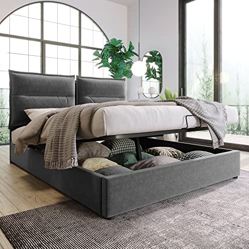 Massbinet Hydraulisch Doppelbett Polsterbett 140x200cm,Verstellbares Kopfteil, Bett mit Lattenrost aus Metallrahmen, Samt, Modernes Bettgestell mit Stauraum, Großer Stauraum, Grau(Ohne Matratze) von Massbinet
