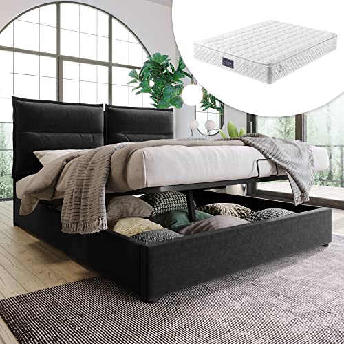 Massbinet Hydraulisch Doppelbett Polsterbett 140x200cm,Verstellbares Kopfteil, Bett mit Lattenrost aus Metallrahmen, Samt, Modernes Bettgestell mit Stauraum, Großer Stauraum, Schwarz (Mit Matratze) von Massbinet