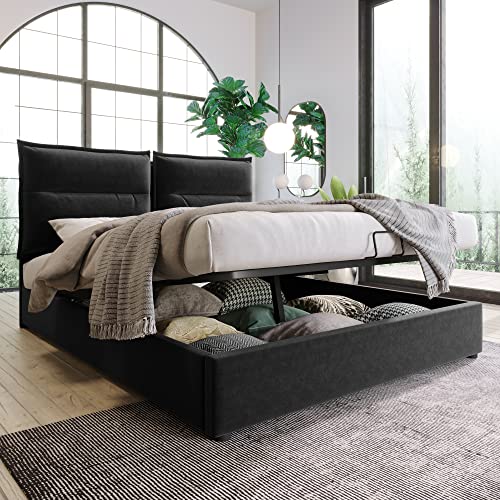 Massbinet Hydraulisch Doppelbett Polsterbett 140x200cm,Verstellbares Kopfteil, Bett mit Lattenrost aus Metallrahmen, Samt, Modernes Bettgestell mit Stauraum, Großer Stauraum, Schwarz (Ohne Matratze) von Massbinet