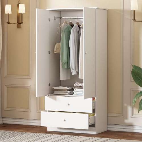 Massbinet Kleiderschrank mit Stange 2-türiger Kleiderschrank 2 Schubladen Schlafzimmer Wohnzimmer Flurgarderobe Spanplatte Weiß von Massbinet
