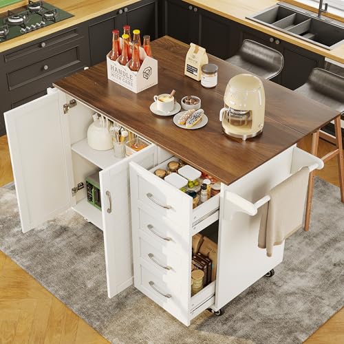 Massbinet Küchenwagen mit diagonal gestreiften Schranktüren herausnehmbarer Esswagen mit Handtuchhalter und Gewürzregal verstellbare Trennwände Küchenbuffet Tischplatte mit Holzmaserung weiß von Massbinet