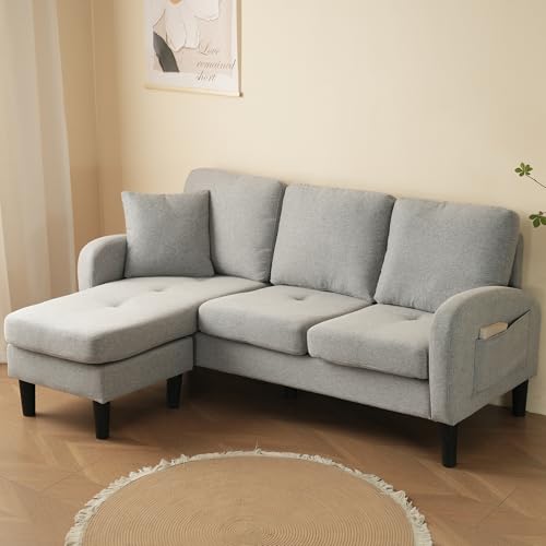 Massbinet L-förmiges Ecksofa mit Chaiselongue – 3-Sitzer Sofa, 166 x 118 x 77 cm, Atmungsaktiver Baumwoll-Leinenstoff, Kunststoffbeine, Modulares Design, Ideal für Wohnzimmer (Grau) von Massbinet