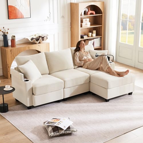 Massbinet L-förmiges Ecksofa umwandelbares 3-Sitzer-Sofa mit Fußhocker Getränkehalter USB-Ladegerät Armlehnenablage und 2 Kissen geeignet für Wohnzimmer/Büro/Wohnung (Beige) von Massbinet