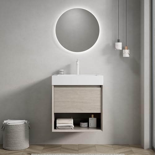 Massbinet LUZ 55cm Wandmontie Badezimmer-Waschtisch mit weißem Rechteckigem Resin-Integralbecken, Sperrholz Schrank mit eine Schublade und EIN Offenes Regal von Massbinet