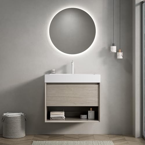 Massbinet LUZ 70cm Wandmontie Badezimmer-Waschtisch mit weißem Rechteckigem Resin-Integralbecken, Sperrholz Schrank mit eine Schublade und EIN Offenes Regal Massbinet LUZ 70cm Wandmontie Badezimmer-Waschtisch mit weißem Rechteckigem Resin-Integralbecken, Sperrholz Schrank mit eine Schublade und EIN Offenes Regal von Massbinet