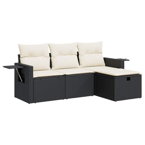 Massbinet Lounge Sofa Gartenmöbel Set Balkonmöbel Stauraum mit wasserfestem Beutel und 1 Stück Aufbewahrungshocker Poly Rattan Schwarz und Creme von Massbinet