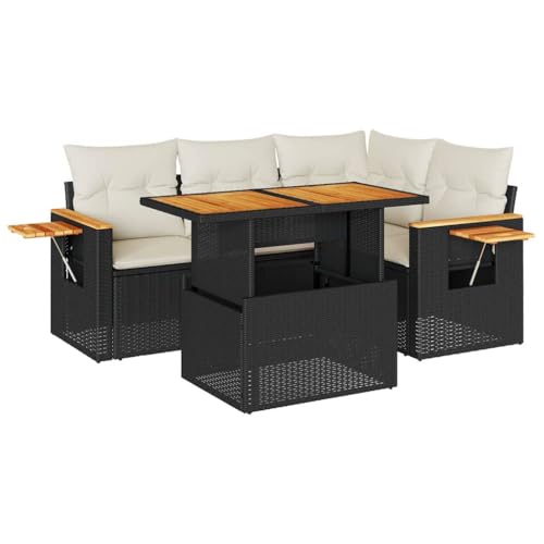 Massbinet Lounge Sofa Gartenmöbel Set Balkonmöbel mit Verstellbare Tischplatte Stauraum mit Wasserfestem Beutel Poly Rattan Schwarz und Creme von Massbinet
