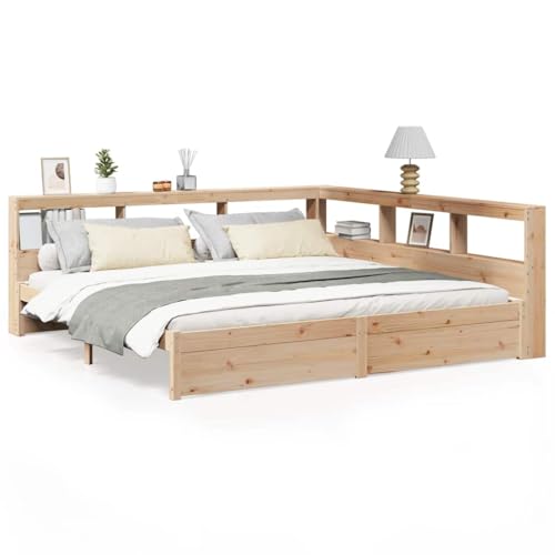 Massbinet Massivholzbett mit Regal ohne Matratze 200x200 cm Kiefernholz Massives Kieferbett mit stabilem Bücherregal von Massbinet