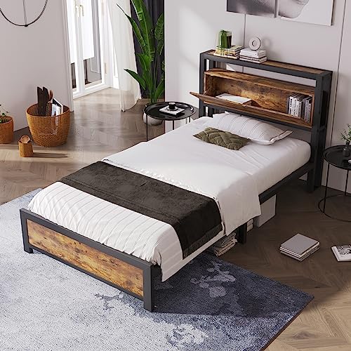 Massbinet Metallbett Jugendbetten Einzelbett 90 x 200 cm mit Stauraum-Kopfteil und Metall Lattenrost Bettrahmen Für Erwachsene Kinder Jugendliche Schwarz Industrielles Bett (Ohne Matratze) Natural von Massbinet
