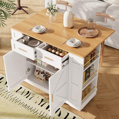 Massbinet Moderne Kücheninsel Küchenschrank buffetschrank Speisewagen mit Holzmaserung buffetschrank Multifunktionale Esstisch mit Speicherraum Speisewagen mit Stretchfunktionsschränken weiß von Massbinet