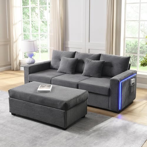 Massbinet Moderne LED-Sofakombination mit wolkenartigem Sitzgefühl: 3-Sitzer-Sofa + übergroßer Abnehmbarer Ottoman (Antique Gray) von Massbinet