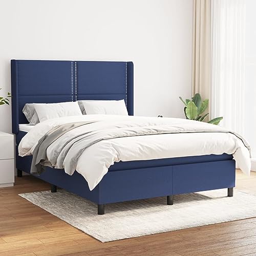 Massbinet Moderne Polsterbett mit Fußteil und Topper Doppelbett Bett Betten Bettgestell für Schlafzimmer Boxspringbett mit Matratze Blau 140x190 cm Stoff von Massbinet
