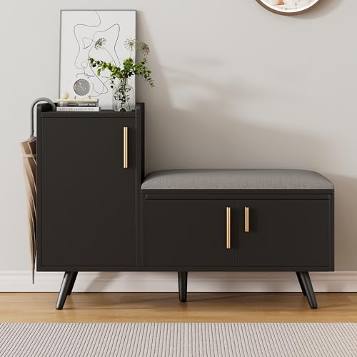 Massbinet Moderne Schuhbank Schuhtruhe Sitzbank mit DREI Stauraumtüren Mit asymmetrischen Metallgriffen und Mehreren Ebenen zur Aufbewahrung - Maße: B100/T34/H69 cm Schwarz + Dunkles Walnussholz Massbinet Moderne Schuhbank Schuhtruhe Sitzbank mit DREI Stauraumtüren Mit asymmetrischen Metallgriffen und Mehreren Ebenen zur Aufbewahrung - Maße: B100/T34/H69 cm Schwarz + Dunkles Walnussholz von Massbinet