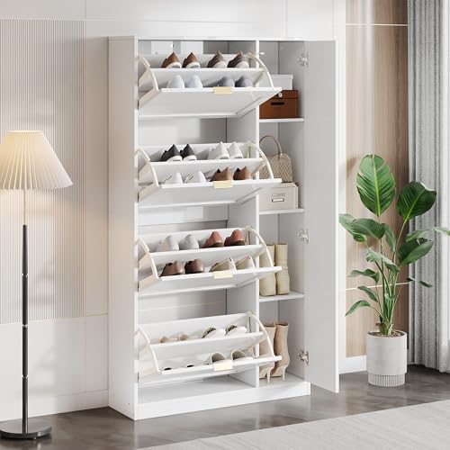 Massbinet Moderne Schuhschrank mit Spiegel 4 klappbaren Aufbewahrungsfächern verstellbarem Regalbrett hinter dem rechten Spiegel ideal für den Flur weiß Maße: B80/H147/T24 cm von Massbinet