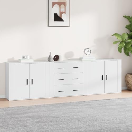 Massbinet Moderne Sideboard Kommode Küchenschrank Buffetschrank mit 4 Türen und 3 Schubladen für Küche Wohnzimmer Esszimmer Sideboards 3 STK. Weiß Holzwerkstoff von Massbinet